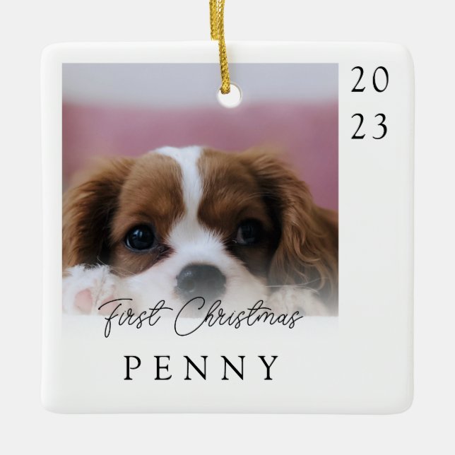 First Christmas New Puppy Photo Keepsake Ceramic Ornament (Front)