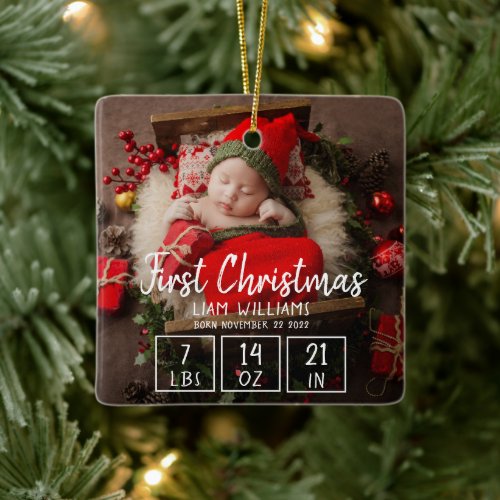 First Christmas newborn baby birth stats one photo Ceramic Ornament