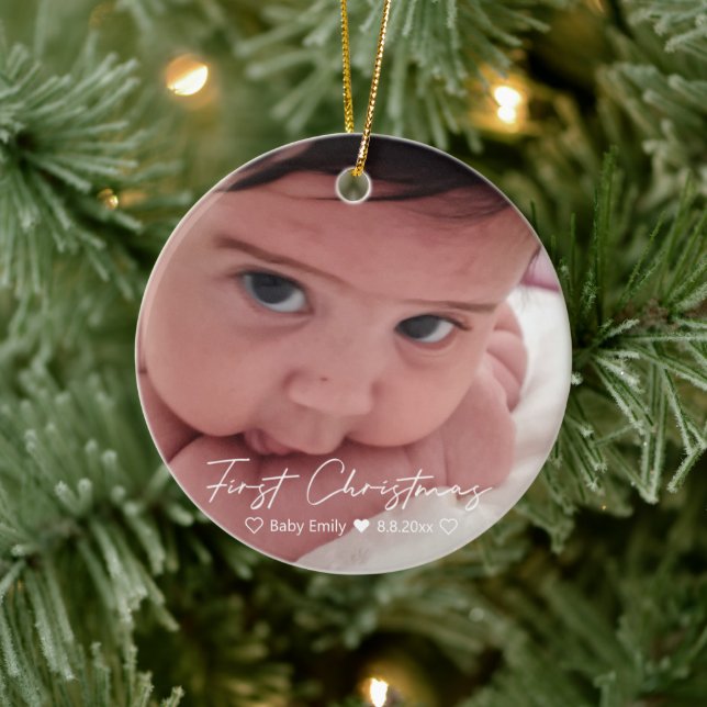 first christmas newborn baby girl photo  ceramic ornament (Tree)