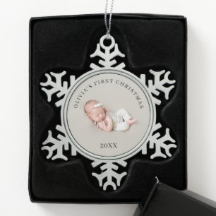 First Christmas Newborn Photo Baby Name Keepsake Snowflake Pewter Christmas Ornament