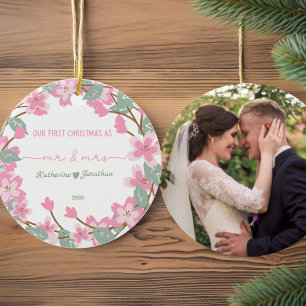  First Christmas Newlywed Photo Name Date Floral Ceramic Ornament