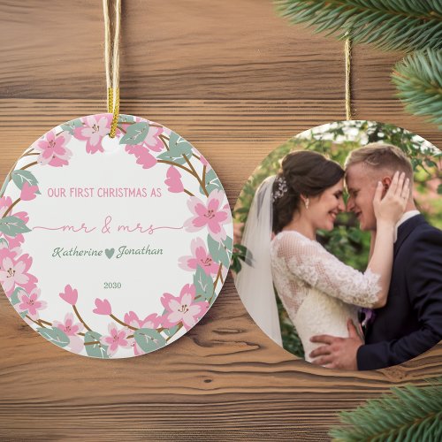  First Christmas Newlywed Photo Name Date Floral Ceramic Ornament