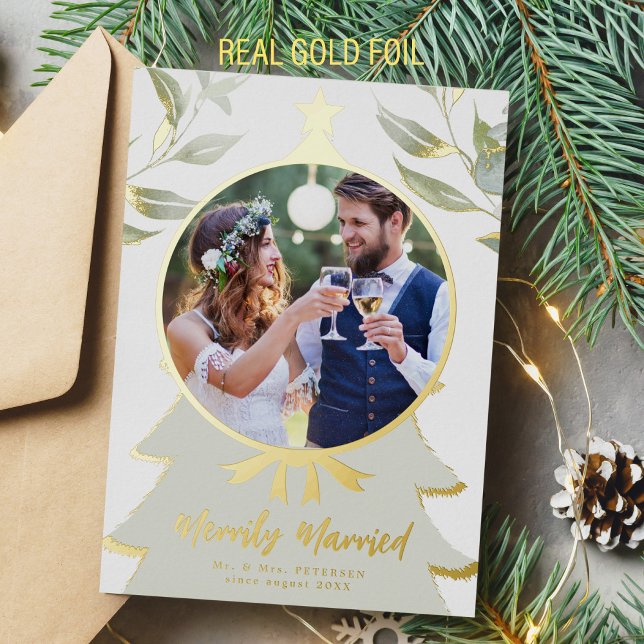 First Christmas newlywed photo sage gold greenery Foil Holiday Card (Creator Uploaded)