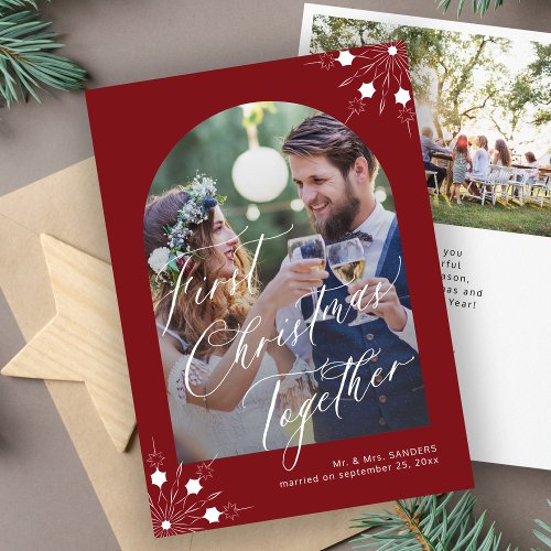 First Christmas newlyweds arch photo snowflakes Holiday Card