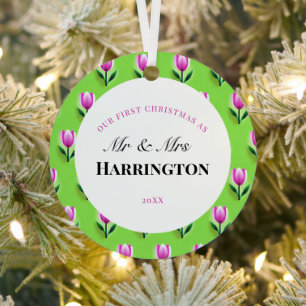 First Christmas Newlyweds Metal Circle Ornament