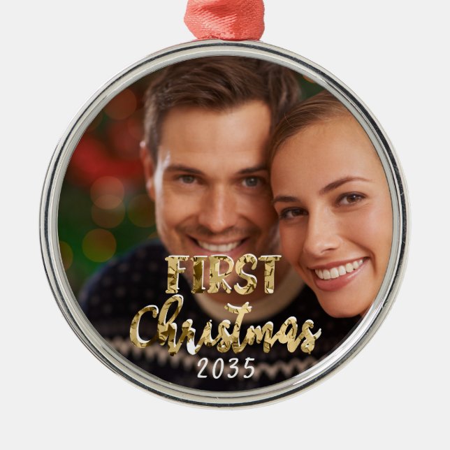 First Christmas Newlyweds Photo Keepsake Metal Ornament (Front)