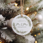 First Christmas Newlyweds Sage Greenery Ceramic Ornament<br><div class="desc">Beautiful minimalist watercolor greenery wreath with sage green leaves and white berries to celebrate the very special first Christmas as newly weds.</div>