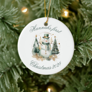 First Christmas novelty green Santa Ceramic Ornament