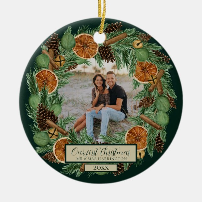 First Christmas One Photo Rustic Pine Wreath Ceramic Ornament (Front)