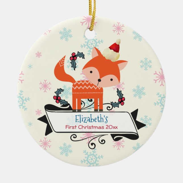 First Christmas Orange Fox In Santa Hat Custom Ceramic Ornament (Front)