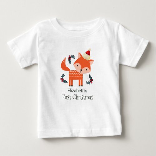 First Christmas Orange Fox In Santa Hat Customized Baby T_Shirt