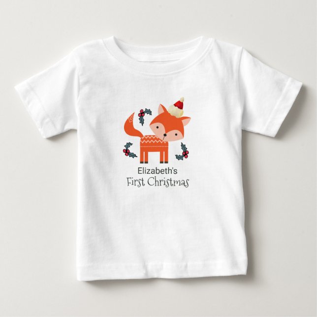 First Christmas Orange Fox In Santa Hat Customized Baby T-Shirt (Front)