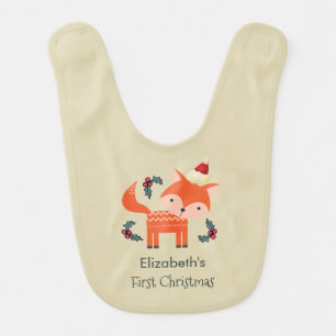 First Christmas Orange Fox In Santa Hat Customized Bib