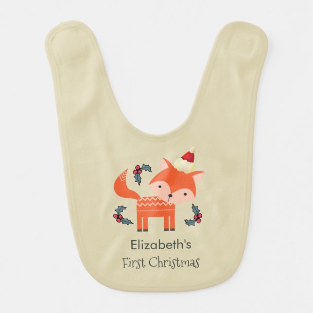 First Christmas Orange Fox In Santa Hat Customized Bib (Front)