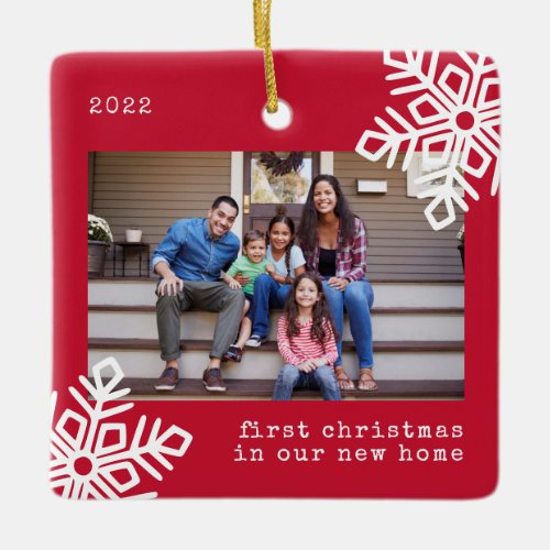 First Christmas Our New Home Red Snowflake Photo Ceramic Ornament