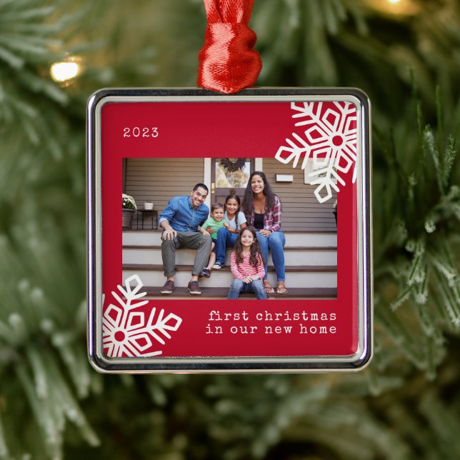 First Christmas Our New Home Red Snowflake Photo Metal Ornament (Tree)