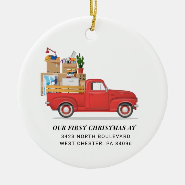 First Christmas Our New Home Red Truck Custom Ceramic Ornament (Front)