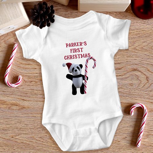 First Christmas Panda Bear Cute Baby Bodysuit