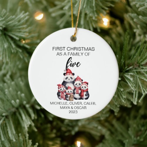 First Christmas Panda Bear Family of Five Ceramic Ornament