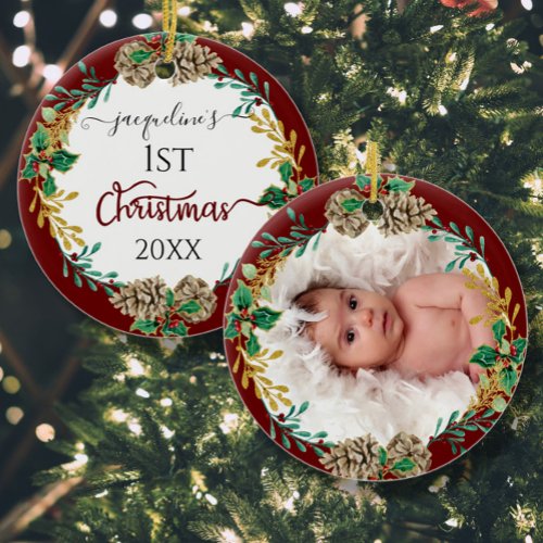 First Christmas Parents Holly Pine Cone Leaf Photo Ceramic Ornament