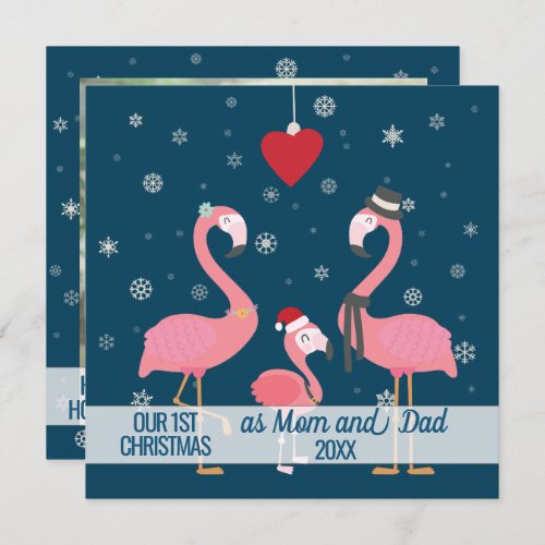 first Christmas parents photo flamingo snowflakes Card