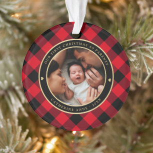 First Christmas Parents Rustic Red Plaid Photo Ornament