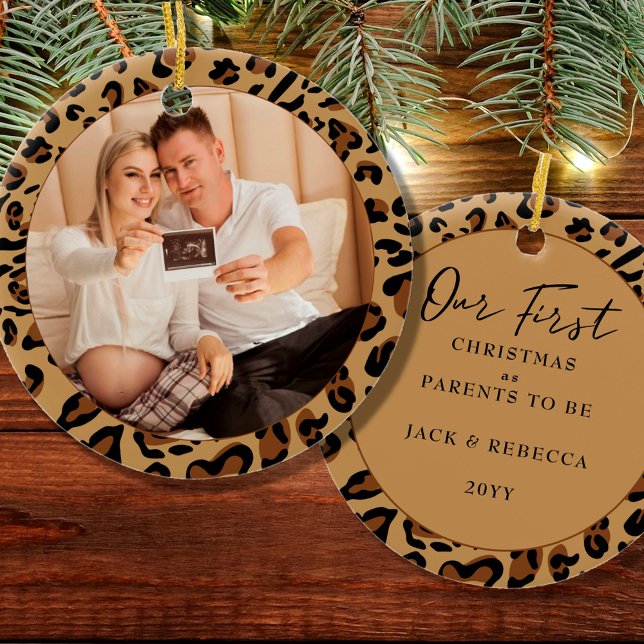  First Christmas Parents to Be Leopard Print Photo Ceramic Ornament (Creator Uploaded)