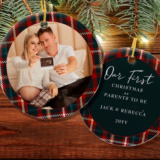 First Christmas Parents to Be Tartan Plaid Photo Ceramic Ornament (Creator Uploaded)