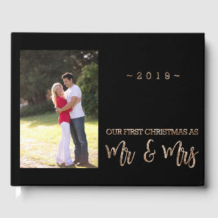 First Christmas Party Newly Weds Black and Gold Guest Book