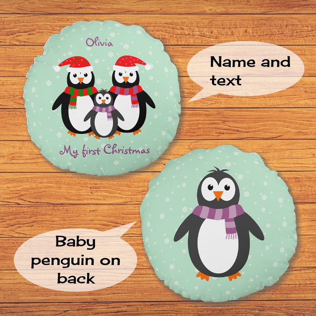 First Christmas penguins custom text double-sided Round Pillow (Creator Uploaded)