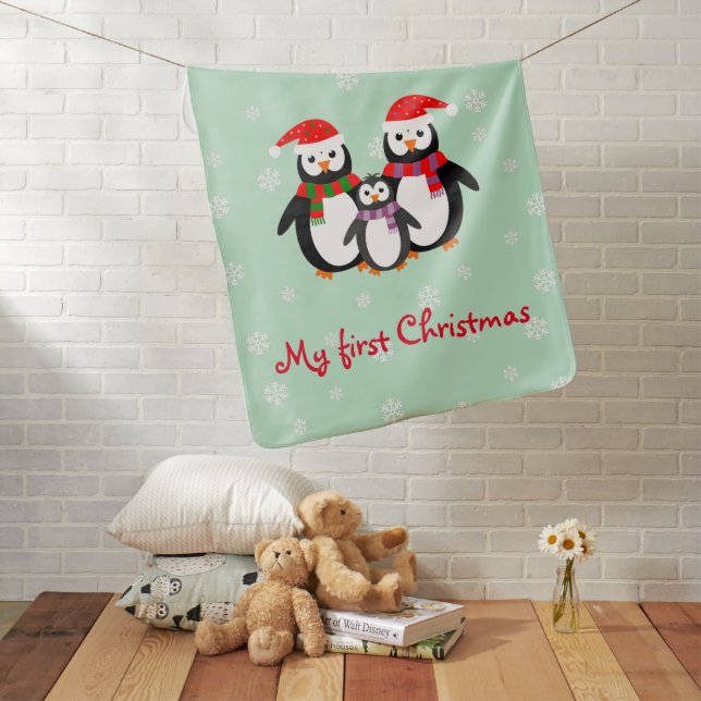 First Christmas penguins two-sided add name Baby Blanket (In Situ)