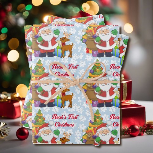 First Christmas Personalize Childs Name Santa 3 Wrapping Paper Sheets
