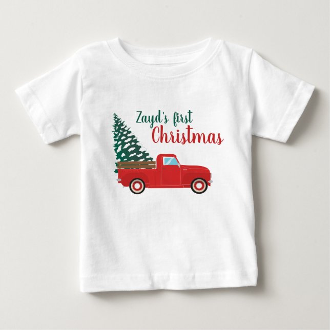 First Christmas Personalize Pickup Truck Baby T-Shirt (Front)