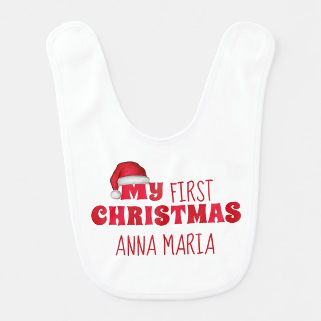 First Christmas Personalized Newborn Cute Santa Baby Bib (Front)