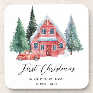 First Christmas Personalized Ornament New Home Gif Beverage Coaster