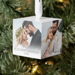 First Christmas Personalized Photo Cube Ornament<br><div class="desc">Celebrate the season with this personalized photo cube ornament, designed to hold five favorite photos around the sides. The front panel features a soft white gradient along the bottom with the words “Our First Christmas” and the year displayed below in simple gray serif fonts. You can fill the rest of...</div>