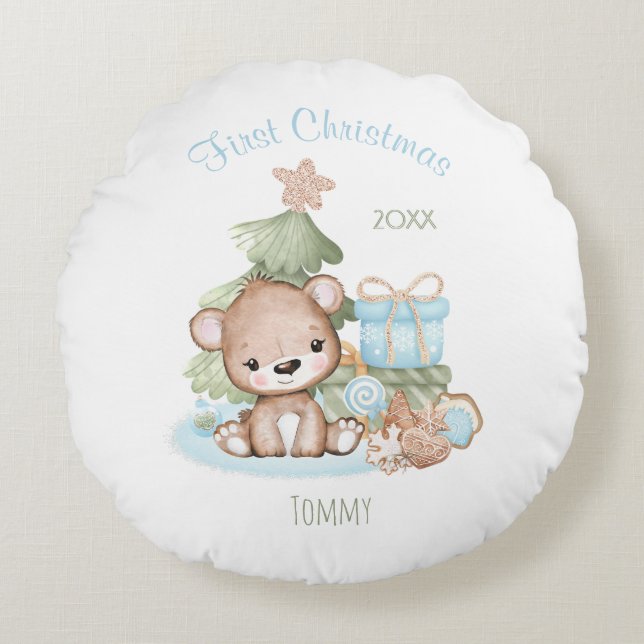 First Christmas Personalized Round Pillow (Front)