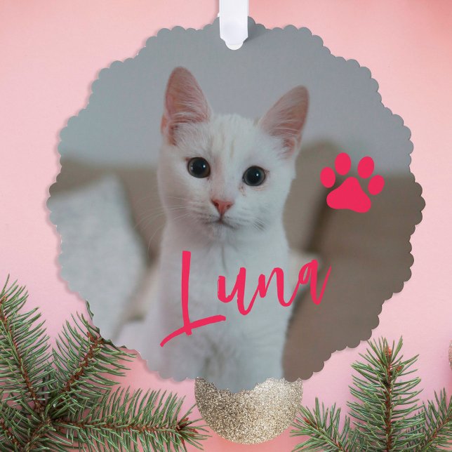 First Christmas pet cat photo name paw custom Ornament Card (Creator Uploaded)