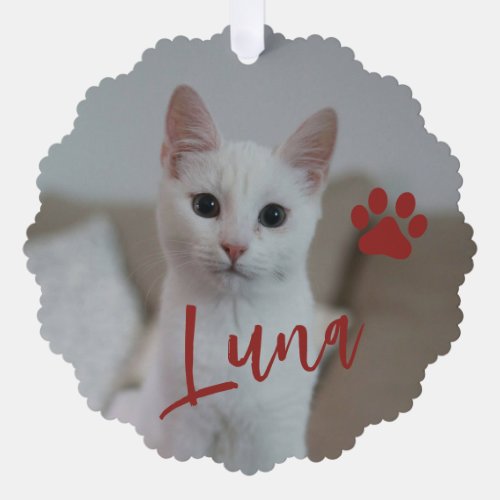 First Christmas pet cat photo name paw custom red Ornament Card