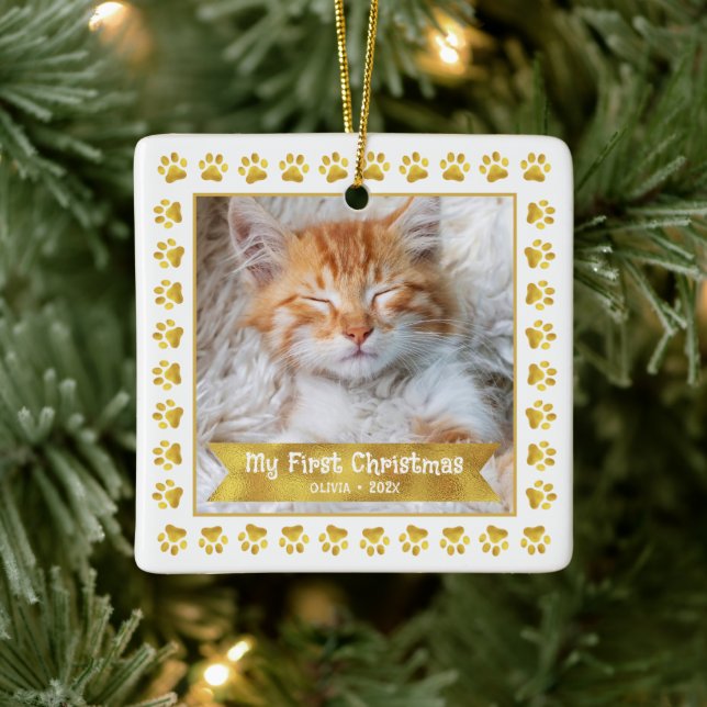 First Christmas Pet Kitten Photo Gold Paws Custom Ceramic Ornament (Tree)