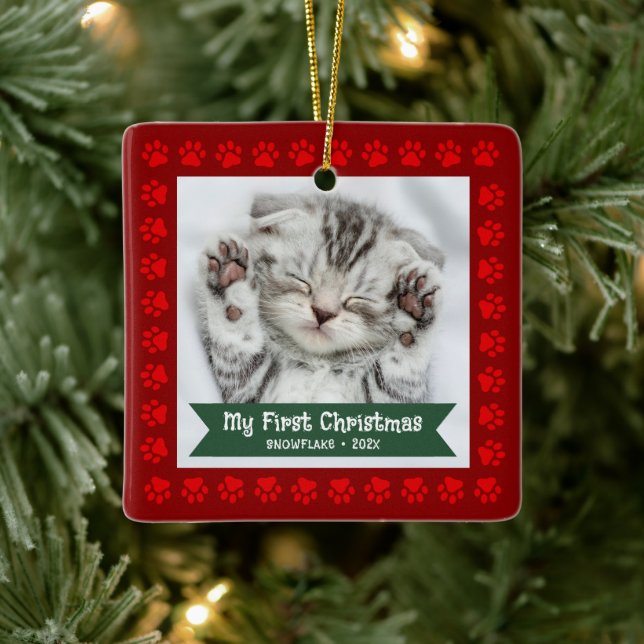 First Christmas Pet Kitten Photo Paws Red Custom Ceramic Ornament (Tree)