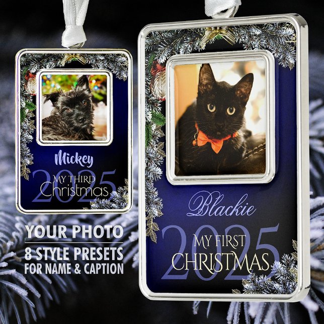 First Christmas Pet Photo Keepsake, Black-Blue - Ornament (Creator Uploaded)