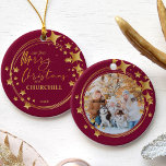 First Christmas Pet Photo Red and Gold Star Ceramic Ornament<br><div class="desc">Pet first christmas ornament which you can personalize with your favorite photo. Merry Christmas is hand lettered in script calligraphy and you can also add your new address and the year. The photo template displays your picture in round format, framed with an abstract wreath of rings, decorated with gold stars....</div>