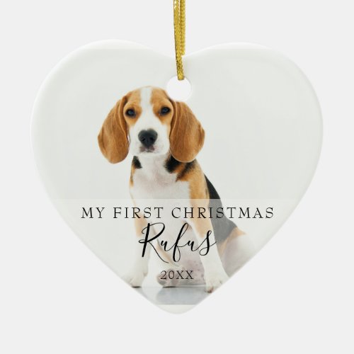 First Christmas Pet Photos Modern Script Heart Ceramic Ornament