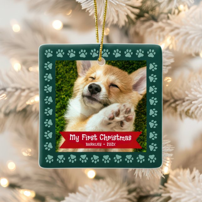 First Christmas Pet Puppy Photo Paws Green Custom Ceramic Ornament (Creator Uploaded)