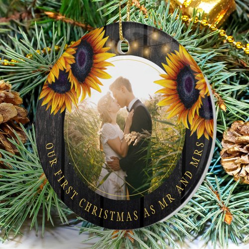 First Christmas PHOTO Mr and Mrs sunflower rustic Ceramic Ornament