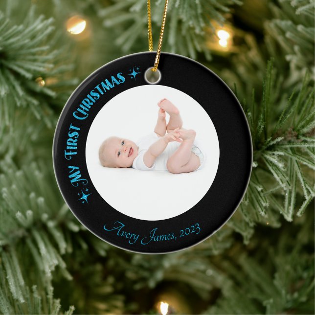 First Christmas Photo Name Custom Modern Black  Ceramic Ornament (Creator Uploaded)