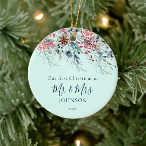 First Christmas Photo Newlywed Mint Christmas Ceramic Ornament