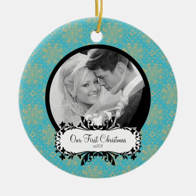 First Christmas Photo Ornament Elegant Snowflakes (Front)