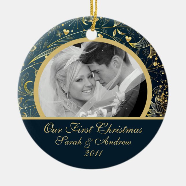 First Christmas Photo Ornament Gold Floral Blue (Front)